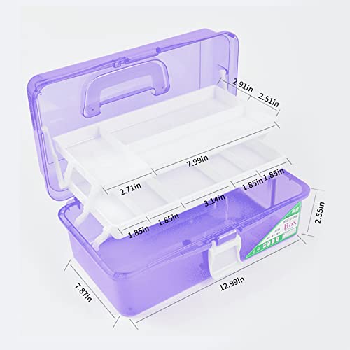 Zhousensen 13in Three-Layer Clear Art Storage Box Craft Organizer, Folding Tool Box with Handle, Art & Crafts Case/Sewing Supplies Organizer for Home School Office Travel (Purple)