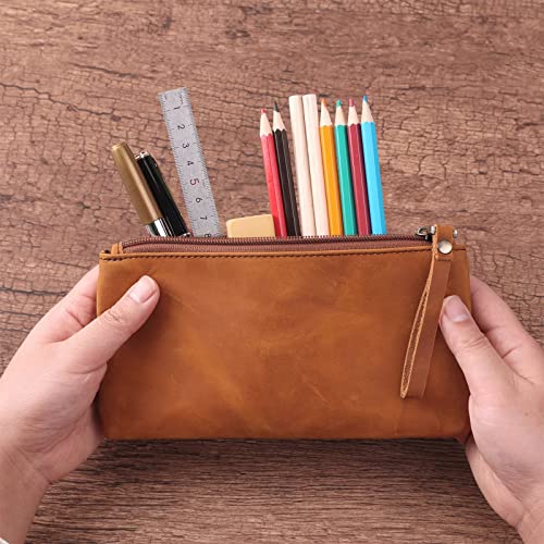 [Free Name Engraving]Leather Pencil Case,Vintage Leather Pencil Pouch Handmade Pencil Pouch Stationery Bag, Makeup Pouch Bag for Adults Teens Students Art School and Office Back to School Gift