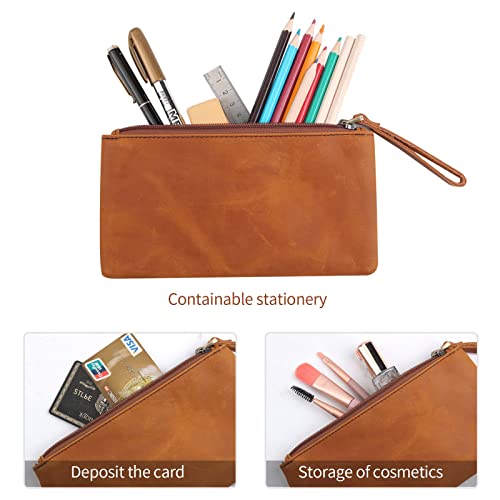 [Free Name Engraving]Leather Pencil Case,Vintage Leather Pencil Pouch Handmade Pencil Pouch Stationery Bag, Makeup Pouch Bag for Adults Teens Students Art School and Office Back to School Gift