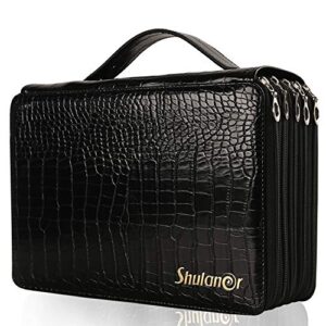 shulaner 160 slots gel pen or colored pencil case with zipper closure large capacity pu leather pen organizer for student or artist black