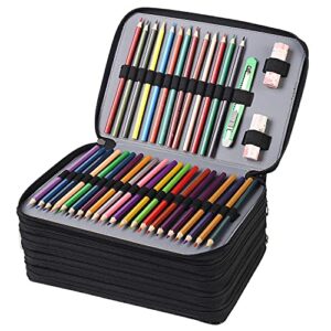 Shulaner 160 Slots Gel Pen or Colored Pencil Case with Zipper Closure Large Capacity PU Leather Pen Organizer for Student or Artist Black