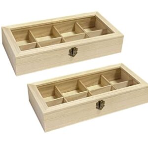 Cregugua 2 Pack Unfinished Wooden Box with Glass Lid, Wood Jewelry Storage Tray Box,8 Compartment Organizer 12.6 x 6.3 x 2.4 In