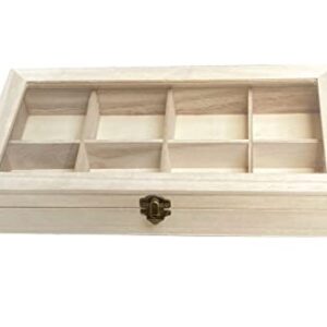 Cregugua 2 Pack Unfinished Wooden Box with Glass Lid, Wood Jewelry Storage Tray Box,8 Compartment Organizer 12.6 x 6.3 x 2.4 In