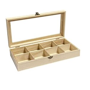 Cregugua 2 Pack Unfinished Wooden Box with Glass Lid, Wood Jewelry Storage Tray Box,8 Compartment Organizer 12.6 x 6.3 x 2.4 In