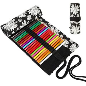 Enyuwlcm Canvas Stationery Handmade Foldable Rollup Pencil Case Travel Pencil Bag Wrap Coloring Pencil Holder Organizer 24 Slots Snowflake