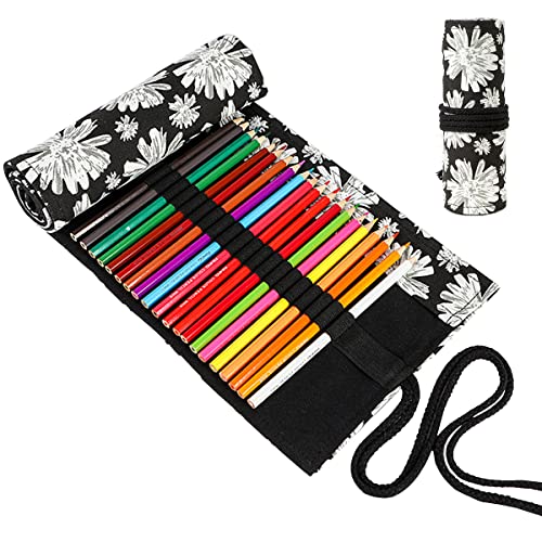 Enyuwlcm Canvas Stationery Handmade Foldable Rollup Pencil Case Travel Pencil Bag Wrap Coloring Pencil Holder Organizer 24 Slots Snowflake