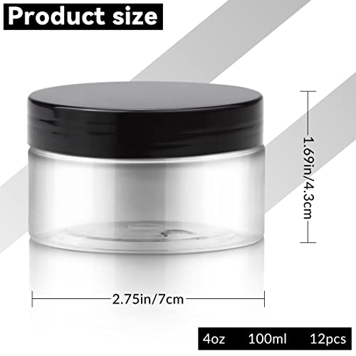 FSWCCK 12 Pack 4 OZ Plastic Jars Round Clear Cosmetic Container Jars with Lids, Wide Mouth Empty Slime Jars, Refillable Clear Travel Storage Jars for Kitchen Use Beauty Products Sample