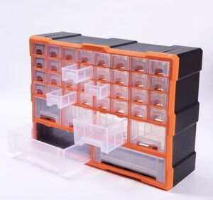 tools, hardware, crafts storage organizer, 32 small/4 medium/2 large plastic drawer cabinets with precut labels, 20.47-inch d x 6.3″ inch w x 14.57 inch h, orange