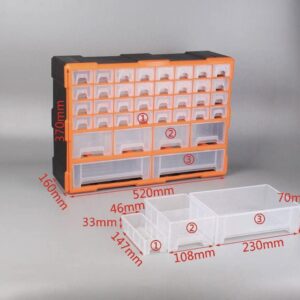 Tools, Hardware, Crafts Storage Organizer, 32 Small/4 Medium/2 Large Plastic Drawer Cabinets with Precut Labels, 20.47-Inch D x 6.3" Inch W x 14.57 Inch H, Orange