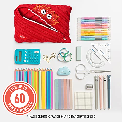 ZIPIT Talking Monstar Large Pencil Case, Holds Up to 60 Pens, Made of One Long Zipper! (Red)
