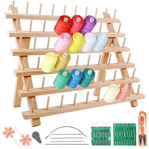 BigOtters Embroidery Thread Holder, 60 Spools Holder Wooden Thread Rack Braiding Rack with Needles Sewing Scissors Needle Threader for Embroidery Hair Separated Quilting and Sewing Threads