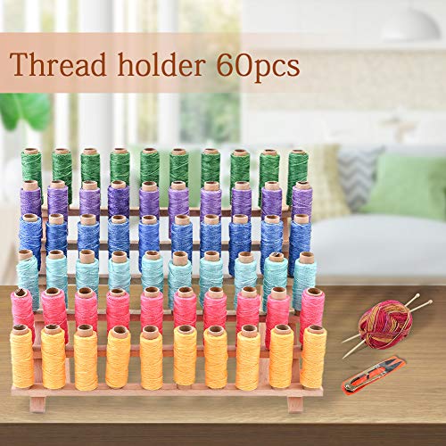 BigOtters Embroidery Thread Holder, 60 Spools Holder Wooden Thread Rack Braiding Rack with Needles Sewing Scissors Needle Threader for Embroidery Hair Separated Quilting and Sewing Threads