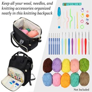 Knitting Bag Achwishap Crochet Knitting Backpack, 15.7"*11.8"*6.7" Storage Bag with 6 Yarn Grommets, Knitting Yarn Organizer for Knitting Needles, Crochet Hooks, and Other Accessories (Black)