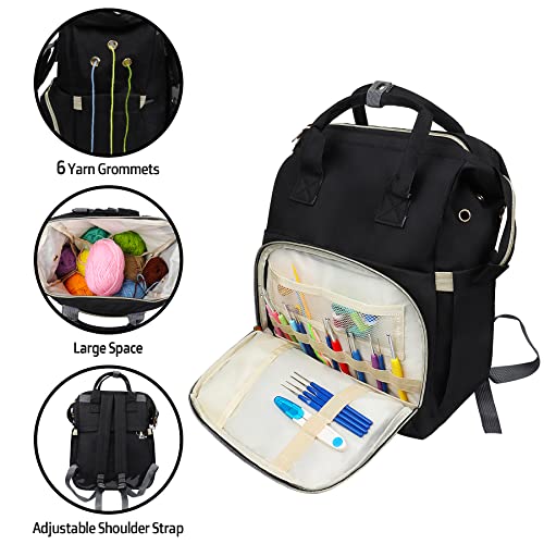 Knitting Bag Achwishap Crochet Knitting Backpack, 15.7"*11.8"*6.7" Storage Bag with 6 Yarn Grommets, Knitting Yarn Organizer for Knitting Needles, Crochet Hooks, and Other Accessories (Black)