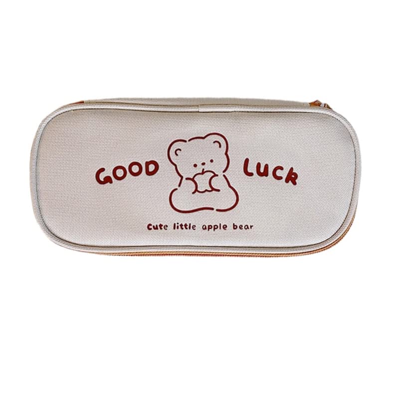 Cute Bear Large Capacity Pencil Case Japanese Canvas Pen Holder Kawaii Stationery Pouch Cartoon Makeup Cosmetics Bag for Back to Scool Students (Good Luck)
