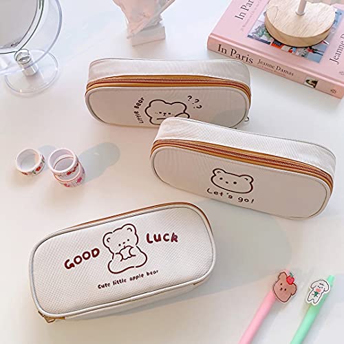 Cute Bear Large Capacity Pencil Case Japanese Canvas Pen Holder Kawaii Stationery Pouch Cartoon Makeup Cosmetics Bag for Back to Scool Students (Good Luck)