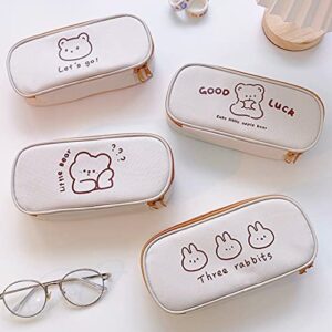 Cute Bear Large Capacity Pencil Case Japanese Canvas Pen Holder Kawaii Stationery Pouch Cartoon Makeup Cosmetics Bag for Back to Scool Students (Good Luck)