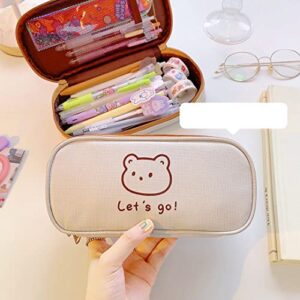 Cute Bear Large Capacity Pencil Case Japanese Canvas Pen Holder Kawaii Stationery Pouch Cartoon Makeup Cosmetics Bag for Back to Scool Students (Good Luck)