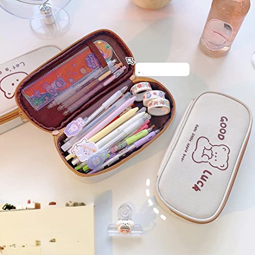 Cute Bear Large Capacity Pencil Case Japanese Canvas Pen Holder Kawaii Stationery Pouch Cartoon Makeup Cosmetics Bag for Back to Scool Students (Good Luck)