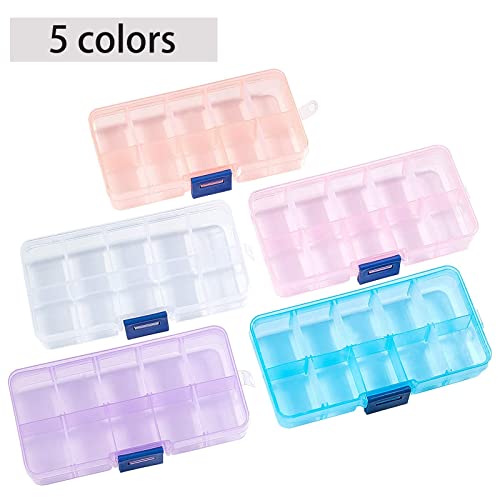 PH PandaHall 5 Pack 10 Grids Bead Organizer Plastic Storage Box Case Mini Tackle Box Container Jewelry Organizer with Movable Dividers for Small Stone Jewelry Sewing Fishing, 2.6x5x0.8 Inch