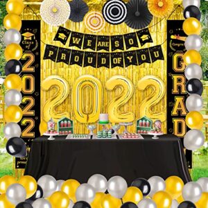 2022 graduation decorations kit -black and gold graduation party decorations supplies,congrats grad banners,balloons, porch sign,foil curtains,huge 2022 school graduation party set,48 pcs