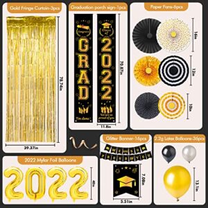 2022 Graduation Decorations kit -black and gold Graduation Party Decorations Supplies,Congrats Grad Banners,Balloons, Porch Sign,Foil Curtains,Huge 2022 School Graduation Party Set,48 Pcs