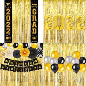 2022 Graduation Decorations kit -black and gold Graduation Party Decorations Supplies,Congrats Grad Banners,Balloons, Porch Sign,Foil Curtains,Huge 2022 School Graduation Party Set,48 Pcs