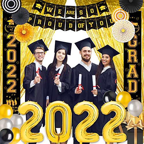 2022 Graduation Decorations kit -black and gold Graduation Party Decorations Supplies,Congrats Grad Banners,Balloons, Porch Sign,Foil Curtains,Huge 2022 School Graduation Party Set,48 Pcs