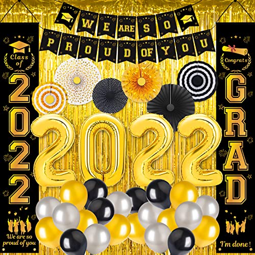 2022 Graduation Decorations kit -black and gold Graduation Party Decorations Supplies,Congrats Grad Banners,Balloons, Porch Sign,Foil Curtains,Huge 2022 School Graduation Party Set,48 Pcs