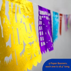 Papel Picado Party Banner - Fiesta Party Decorations - 5 Pk 82 Ft Total - Tissue Paper Fiesta Banner - Mexican Theme Party Decorations - Cinco de Mayo - Dia de los Muertos - Mexican Party Supplies