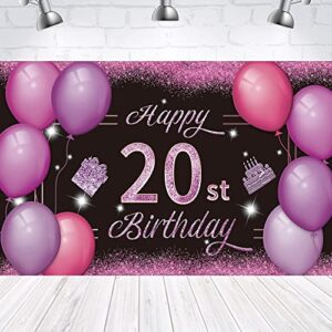 happy 20st birthday backdrop banner pink purple 20th sign poster 20 birthday party supplies for anniversary photo booth photography background birthday party decorations, 72.8 x 43.3 inch