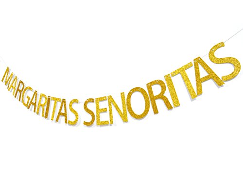 Margaritas Senoritas Gold Glitter Banner, Prestrung Mexican Fiesta Party Supplies