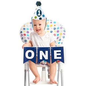 High Chair Decorations for 1st Birthday - 2-Piece Set - Boys' First Year Birthday Party Pack - Includes Felt Birthday Party Banner and Felt Party Hat - Birthday Party Supplies, Blue