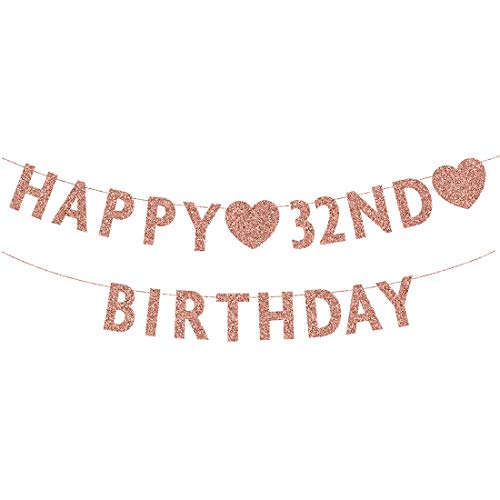 Rose Gold 32nd Birthday Banner, Glitter Happy 32 Years Old Woman or Man Party Decorations, Supplies