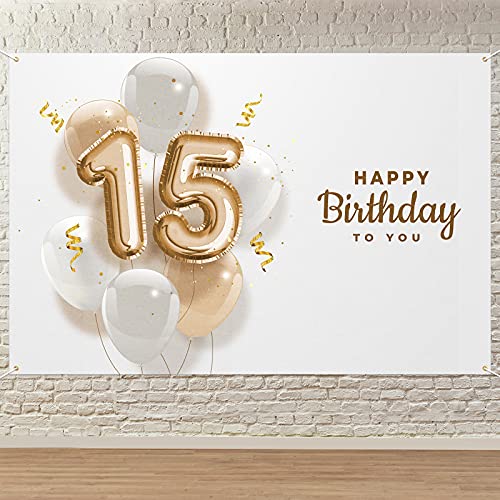 Happy 15th Birthday to You Backdrop Banner Decor White – Glitter Spots Balloons Happy 15 Years Old Birthday Party Theme Decorations for Girls Boys Supplies