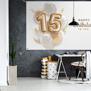 Happy 15th Birthday to You Backdrop Banner Decor White – Glitter Spots Balloons Happy 15 Years Old Birthday Party Theme Decorations for Girls Boys Supplies