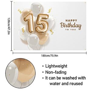 Happy 15th Birthday to You Backdrop Banner Decor White – Glitter Spots Balloons Happy 15 Years Old Birthday Party Theme Decorations for Girls Boys Supplies