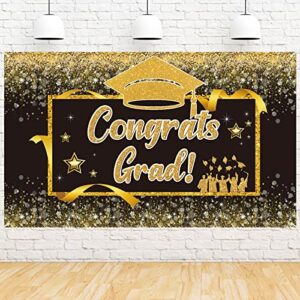 Ushinemi Congrats Grad Backdrop Congratulations Graduate 2023 Banner - Class of 2023 Party Decorations, 6x3.6 Ft, Black and Gold