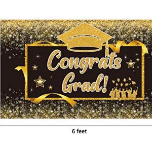 Ushinemi Congrats Grad Backdrop Congratulations Graduate 2023 Banner - Class of 2023 Party Decorations, 6x3.6 Ft, Black and Gold