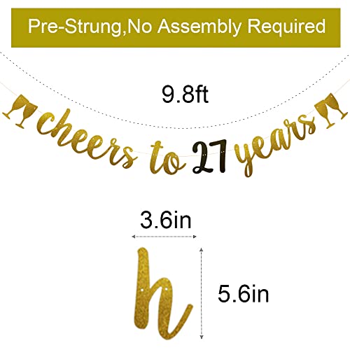 Cheers to 27 Years Banner，Pre-strung，27th Birthday Party Decorations Supplies，Gold Glitter Paper Garlands Backdrops, Letters Gold Betteryanzi