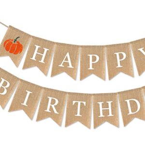 SWYOUN Burlap Happy Birthday Banner with Pumpkin Birthday Party Bunting Garland Supplies