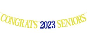 congats 2023 seniors banner, class of 2023 bunting sign, high school / college / university graduation theme party decoration supplies (gold and blue)