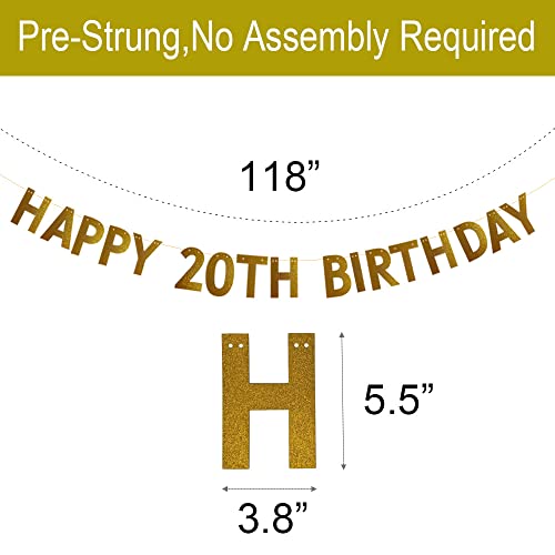 HAPPY 20TH BIRTHDAY Banner for 20th Birthday Party Decorations Pre-strung No Assembly Required Gold Glitter Paper Garlands Banner Letters Gold Betteryanzi