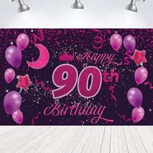 sweet happy 90th birthday backdrop banner poster 90 birthday party decorations 90th birthday party supplies 90th photo background for girls,boys,women,men – pink purple 72.8 x 43.3 inch