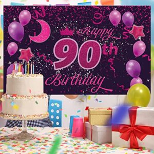 Sweet Happy 90th Birthday Backdrop Banner Poster 90 Birthday Party Decorations 90th Birthday Party Supplies 90th Photo Background for Girls,Boys,Women,Men - Pink Purple 72.8 x 43.3 Inch