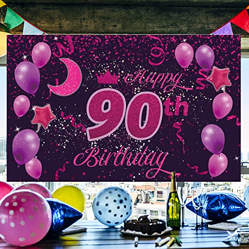 Sweet Happy 90th Birthday Backdrop Banner Poster 90 Birthday Party Decorations 90th Birthday Party Supplies 90th Photo Background for Girls,Boys,Women,Men - Pink Purple 72.8 x 43.3 Inch