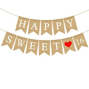 jute burlap happy sweet 16 banner for girl 16th birthday party bunting garland decoration