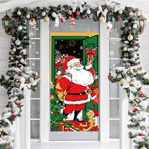 3 pieces christmas door cover christmas door decorations plastic santa claus xmas theme cover for front door restroom indoor outdoor santa with gifts party decoration, 30 inch x 5 ft