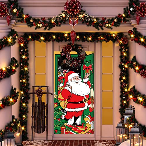 3 Pieces Christmas Door Cover Christmas Door Decorations Plastic Santa Claus Xmas Theme Cover for Front Door Restroom Indoor Outdoor Santa with Gifts Party Decoration, 30 Inch x 5 ft