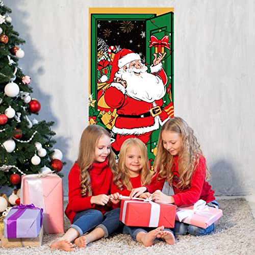 3 Pieces Christmas Door Cover Christmas Door Decorations Plastic Santa Claus Xmas Theme Cover for Front Door Restroom Indoor Outdoor Santa with Gifts Party Decoration, 30 Inch x 5 ft